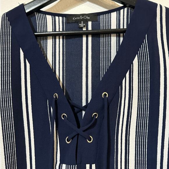 Karina & Chloe Coastal Striped Flowy Lace Up Blouse - Picture 5 of 9